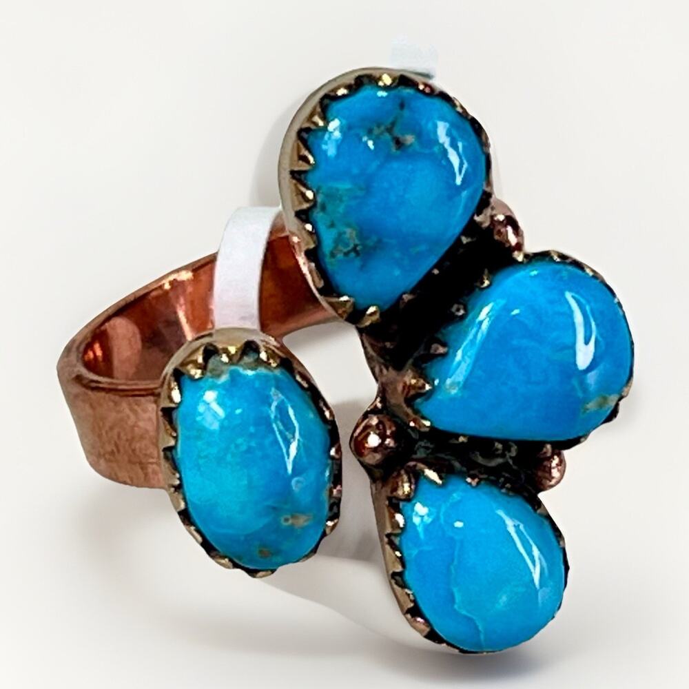 Southwestern Kingman Turquoise Copper Adjustable Bypass 4 Stone Cluster Ring - Picture 3 of 15